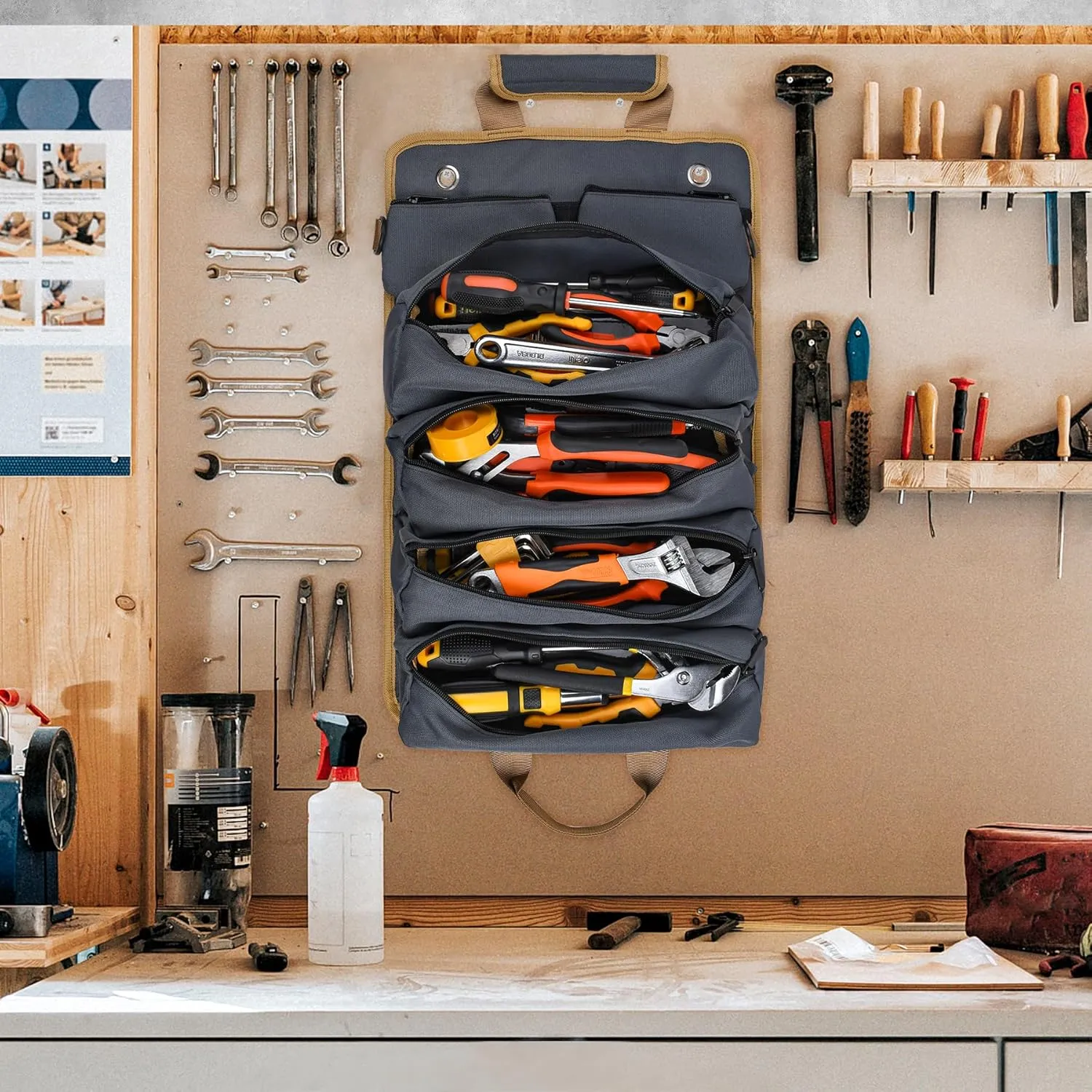 Tool Bag, Tool Bags for Men, Heavy Duty Tool Organizer, Portable Roll Up Tool Bag Gifts For Him, Mechanic, Electrician and Hobbyist, Car Tool Roll Organizer - Grey