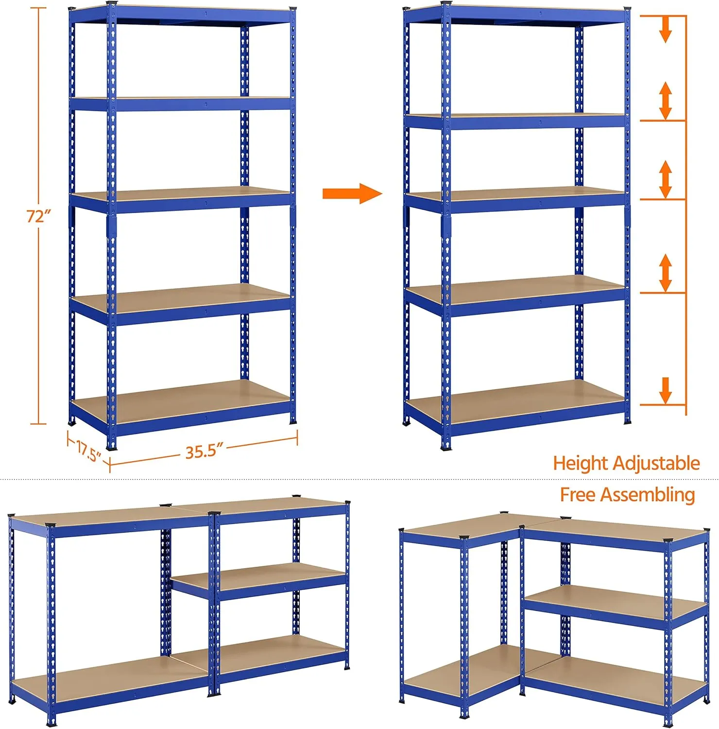 Topeakmart 5-Tier Utility Shelves, Metal Storage Shelves Garage Shelving Unit Adjustable Garage Storage Shelves Storage Racks Heavy Duty Shed Shelving- Blue, 35.5 x 17.5 x 72 Inch