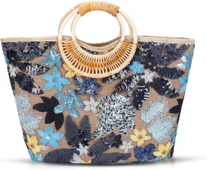 Tote Bag for Women, Beach Bag, Sequin Embroidery Straw Bag, Hand-Woven Rounded Bamboo Handle, Bohemian Handbag Large Capacity Shoulder Bag Suitable for Travel Daily(Black)
