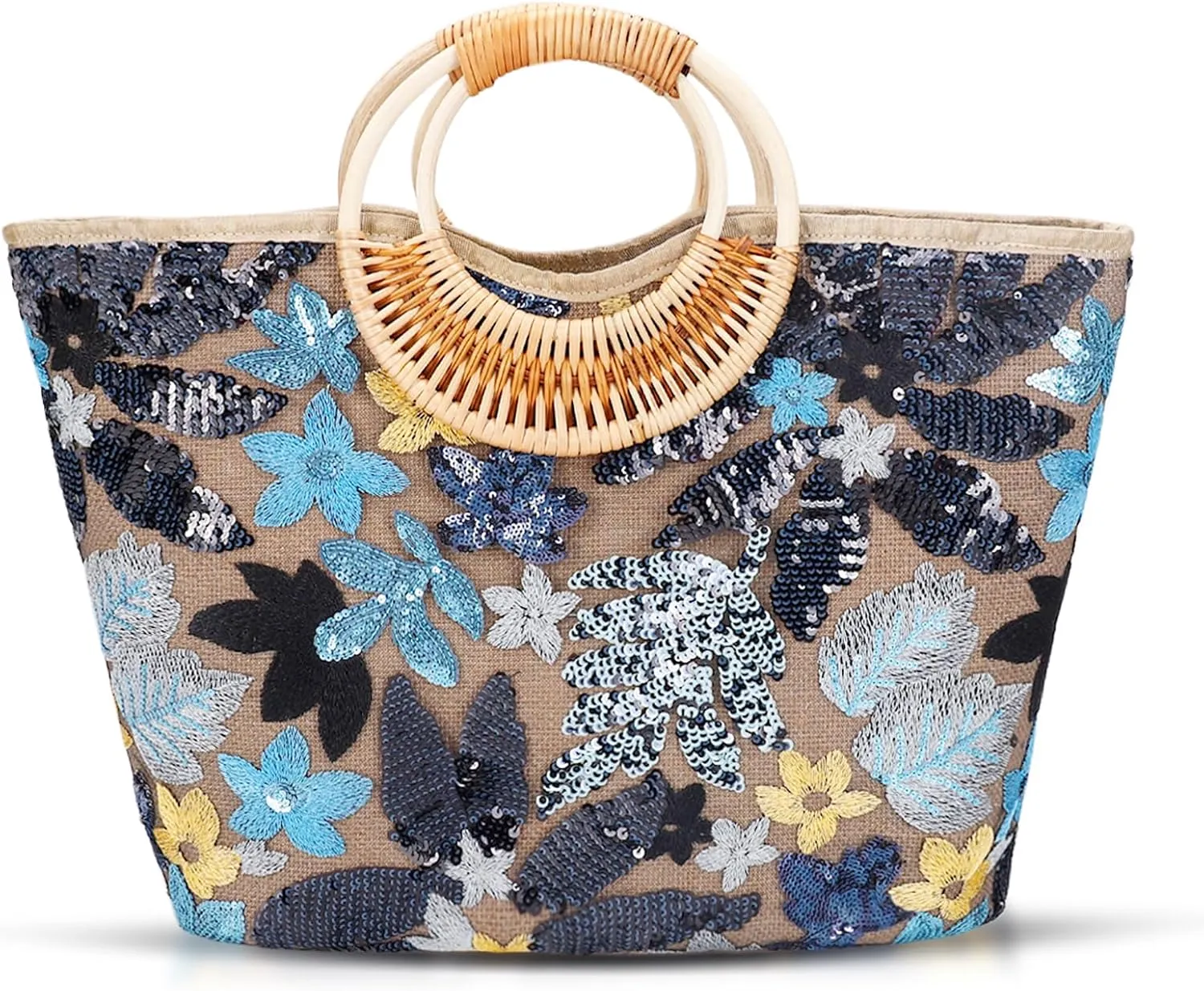 Tote Bag for Women, Beach Bag, Sequin Embroidery Straw Bag, Hand-Woven Rounded Bamboo Handle, Bohemian Handbag Large Capacity Shoulder Bag Suitable for Travel Daily(Black)