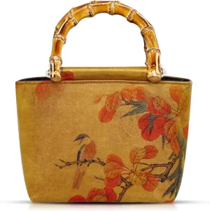 Tote Bag, Satin Oil Painting Handbags, Natural Bamboo Handle, Bohemian Shoulder Bag Suitable for Travel Daily