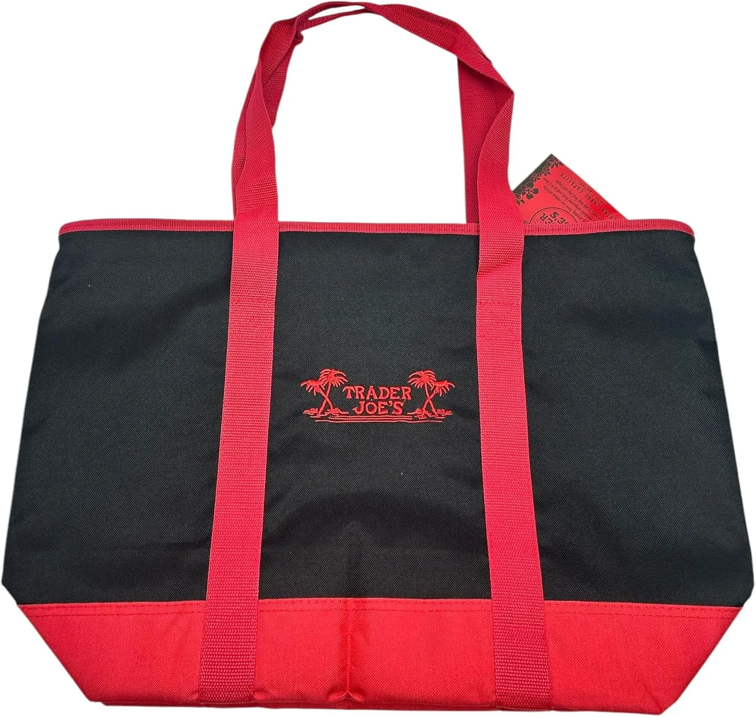 Trader Joe's Large Shopping Tote, Black and Red Canvas, Reusable Grocery Bag. Insulated.