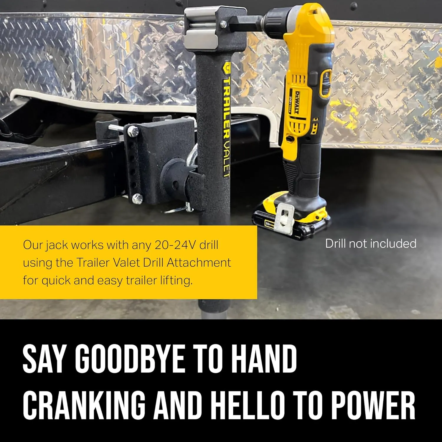 Trailer Valet JX5 Side Mount Trailer Jack – 5,000 LB Capacity with Drill-Powered Crank, Pipe Mount Bracket, Drop Leg, Footplate, and Wrinkle Black Powder Coating
