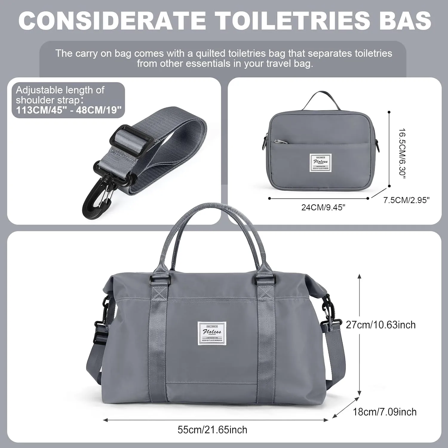 Travel Bags for Women, Weekender Overnight Bag with Toiletry Bag, Carry On Travel Tote Bag Duffel Bag,Gym Bag with Wet Pocket & Trolley Sleeve,Grey Blue