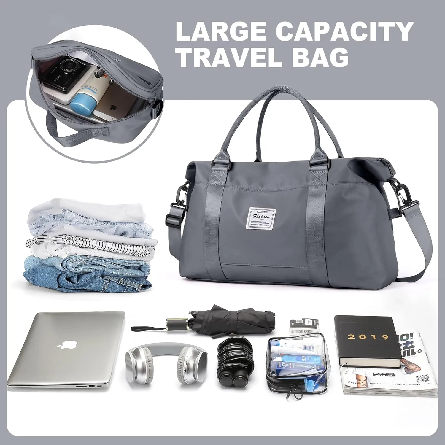 Travel Bags for Women, Weekender Overnight Bag with Toiletry Bag, Carry On Travel Tote Bag Duffel Bag,Gym Bag with Wet Pocket & Trolley Sleeve,Grey Blue