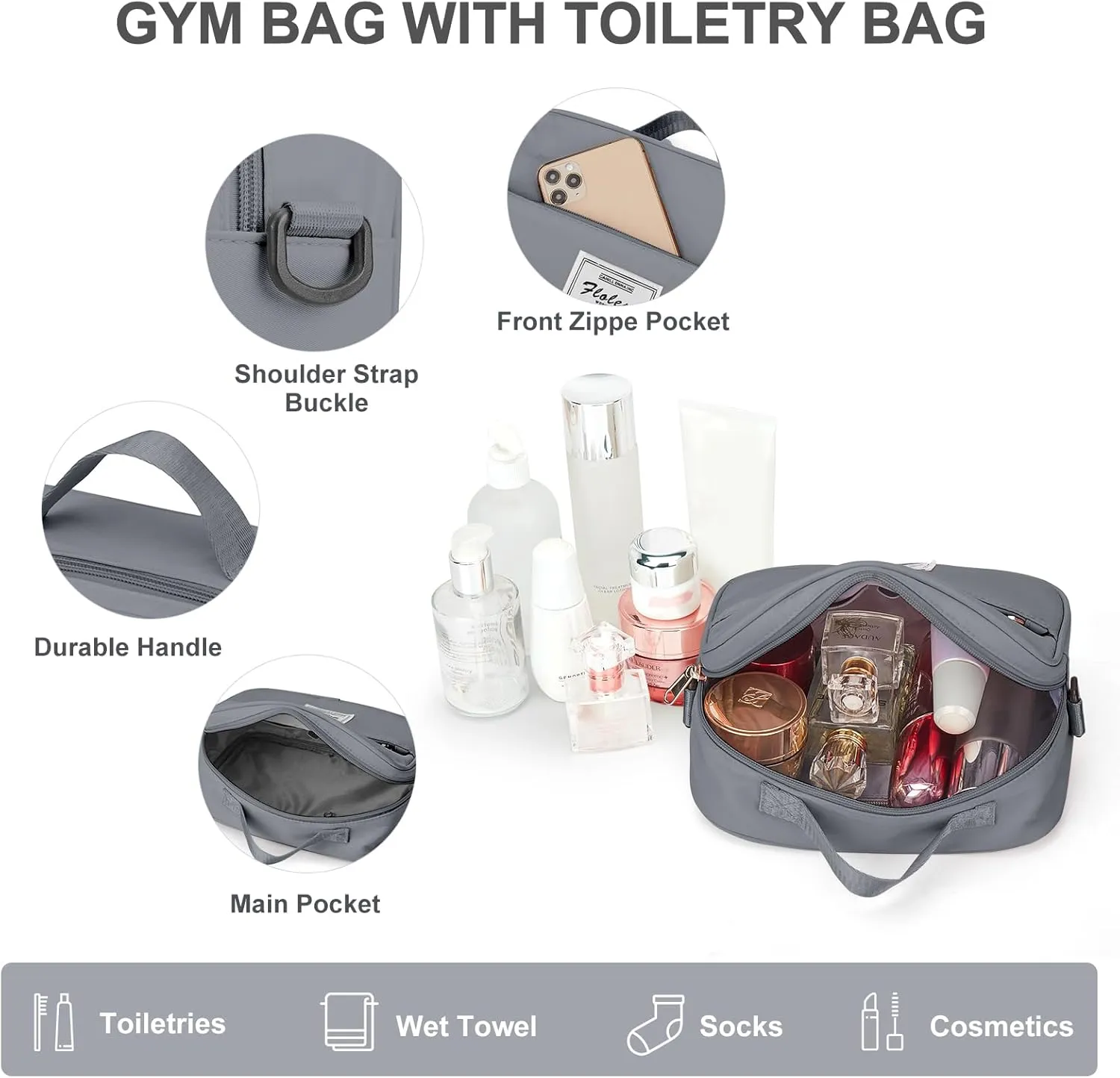 Travel Bags for Women, Weekender Overnight Bag with Toiletry Bag, Carry On Travel Tote Bag Duffel Bag,Gym Bag with Wet Pocket & Trolley Sleeve,Grey Blue
