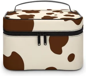 Travel Cosmetic Cases for Women, Multifunctional Makeup Organizer Bag, Milk Cow Skin Print Toiletry Storage Bag with Handle and Divider