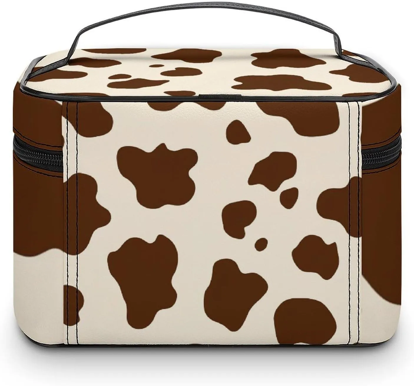Travel Cosmetic Cases for Women, Multifunctional Makeup Organizer Bag, Milk Cow Skin Print Toiletry Storage Bag with Handle and Divider