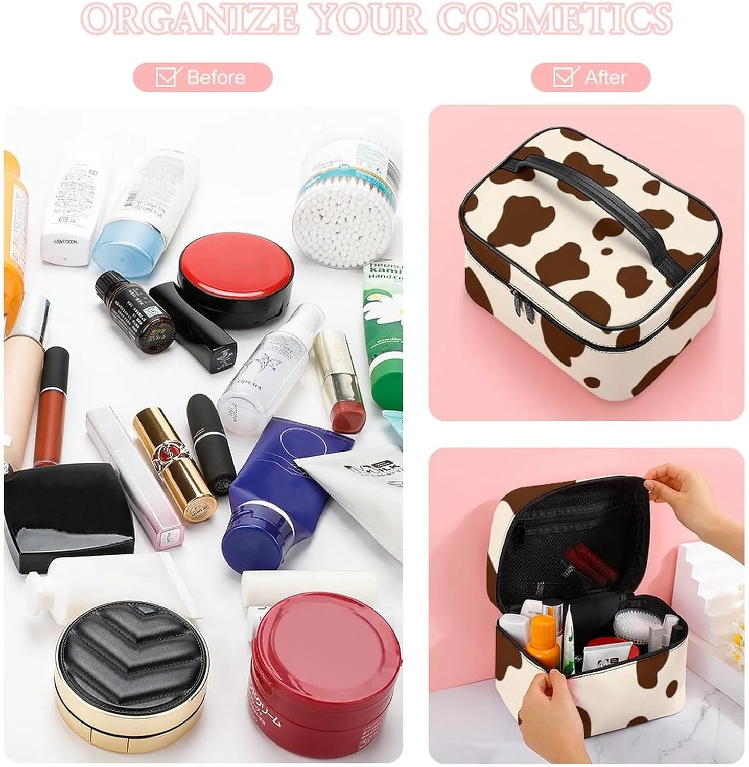 Travel Cosmetic Cases for Women, Multifunctional Makeup Organizer Bag, Milk Cow Skin Print Toiletry Storage Bag with Handle and Divider