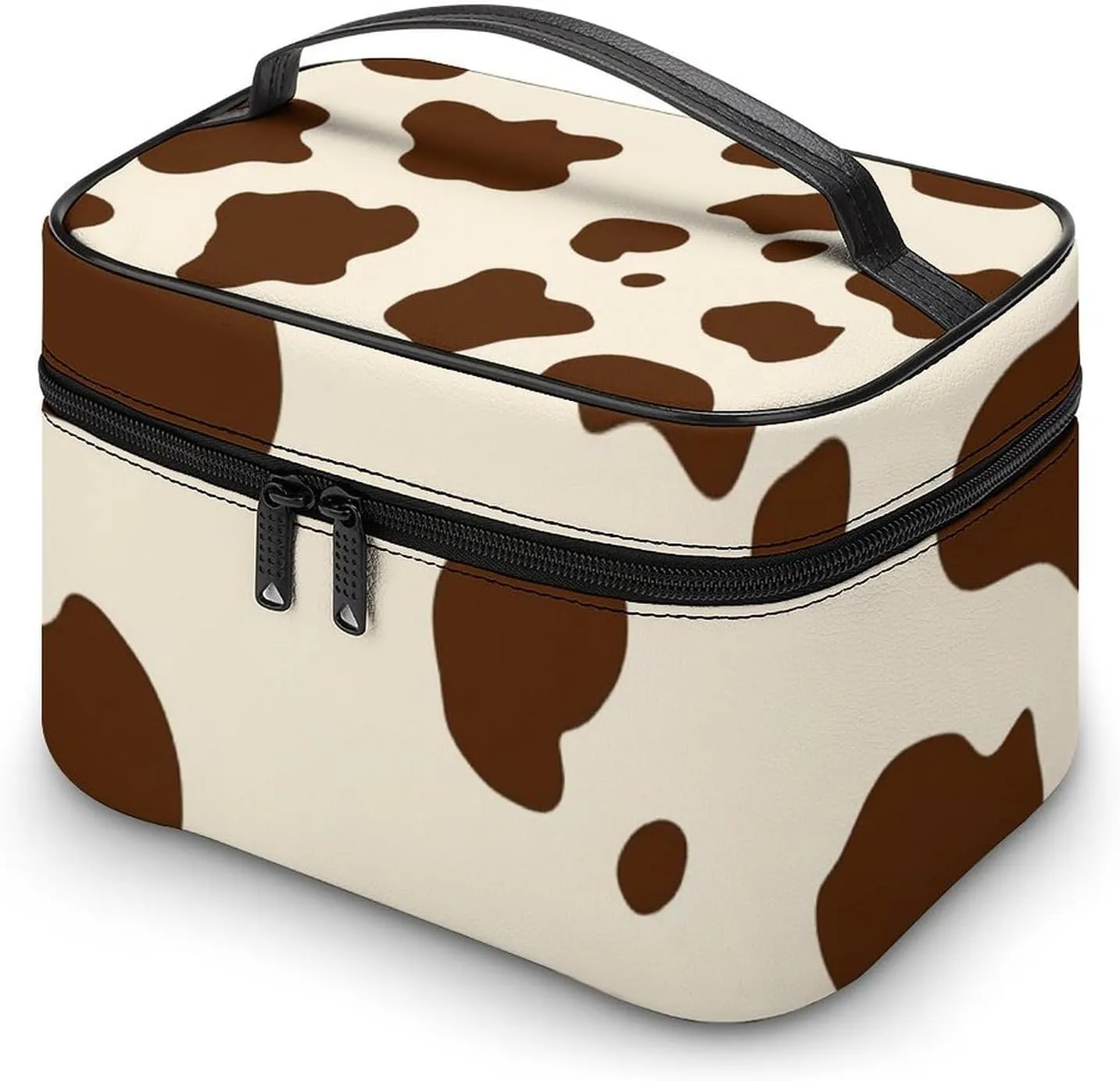 Travel Cosmetic Cases for Women, Multifunctional Makeup Organizer Bag, Milk Cow Skin Print Toiletry Storage Bag with Handle and Divider