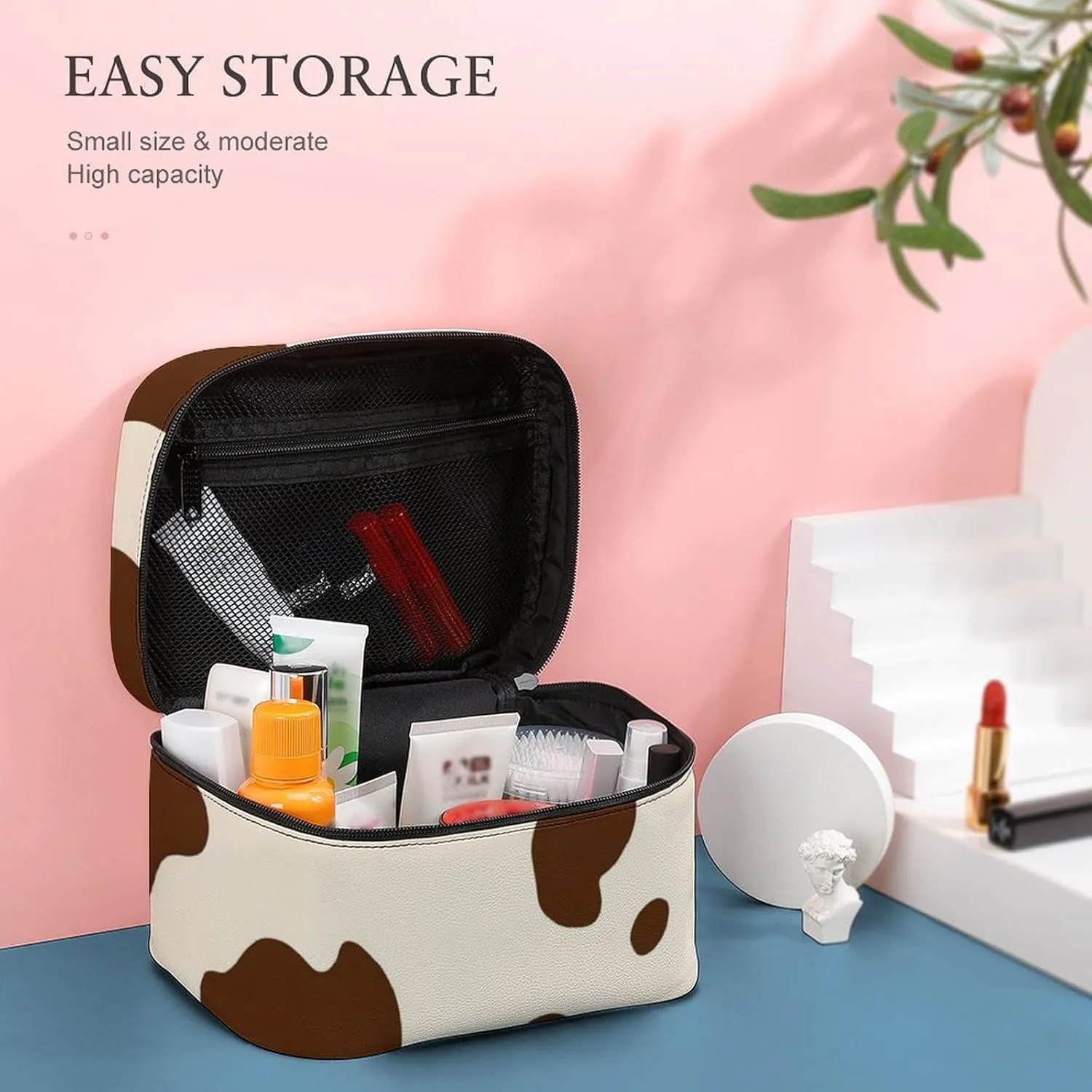 Travel Cosmetic Cases for Women, Multifunctional Makeup Organizer Bag, Milk Cow Skin Print Toiletry Storage Bag with Handle and Divider