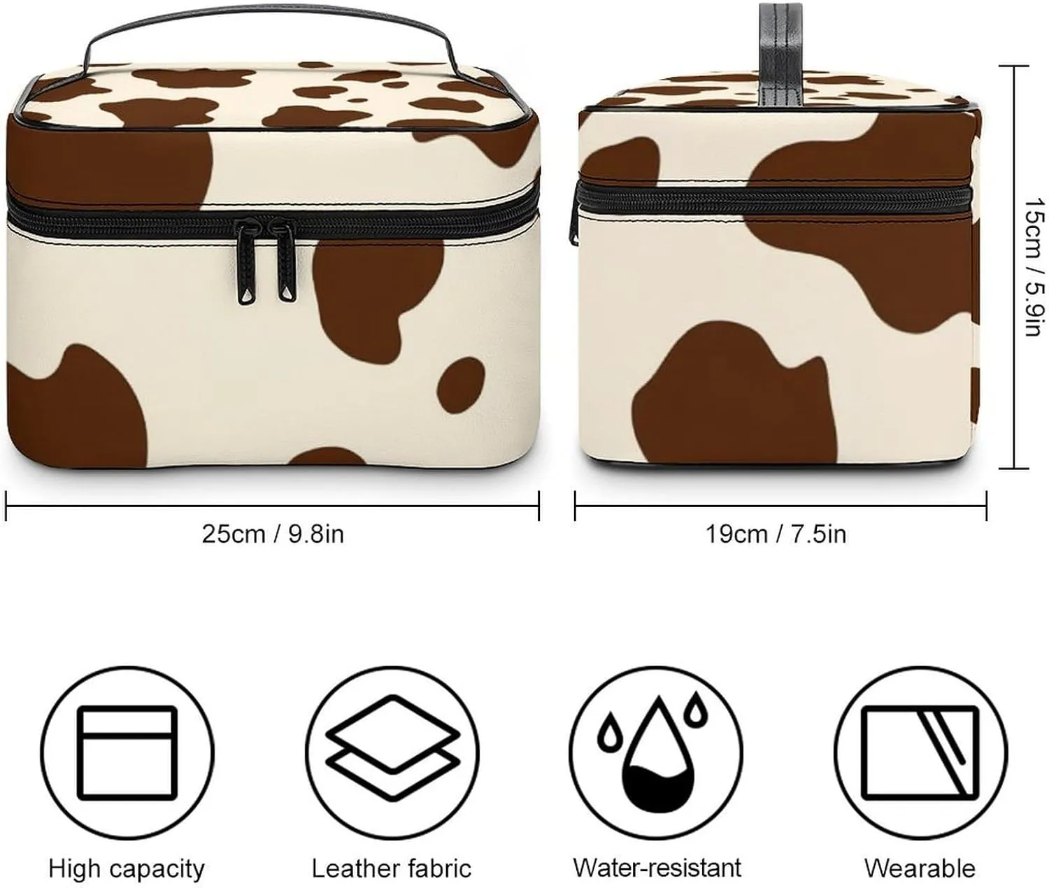 Travel Cosmetic Cases for Women, Multifunctional Makeup Organizer Bag, Milk Cow Skin Print Toiletry Storage Bag with Handle and Divider
