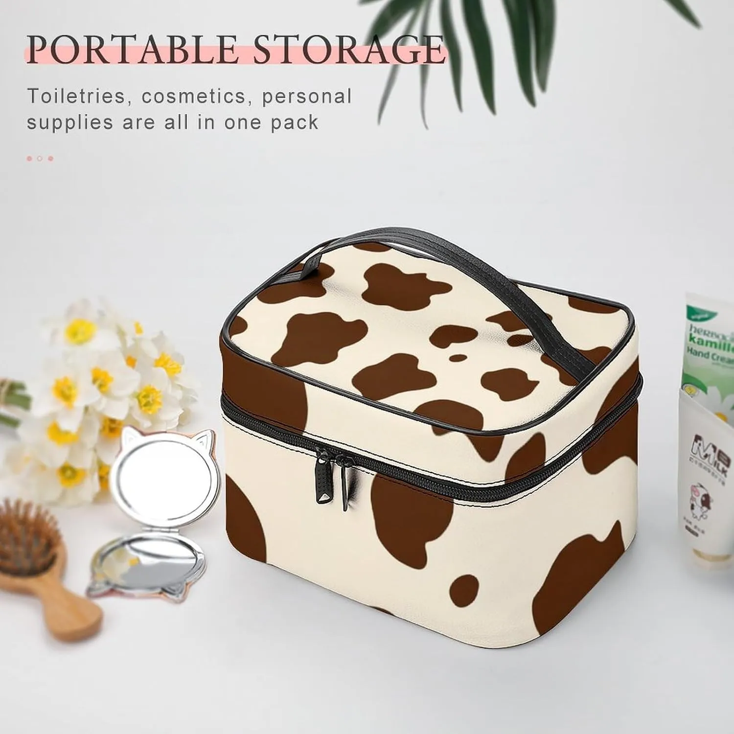 Travel Cosmetic Cases for Women, Multifunctional Makeup Organizer Bag, Milk Cow Skin Print Toiletry Storage Bag with Handle and Divider