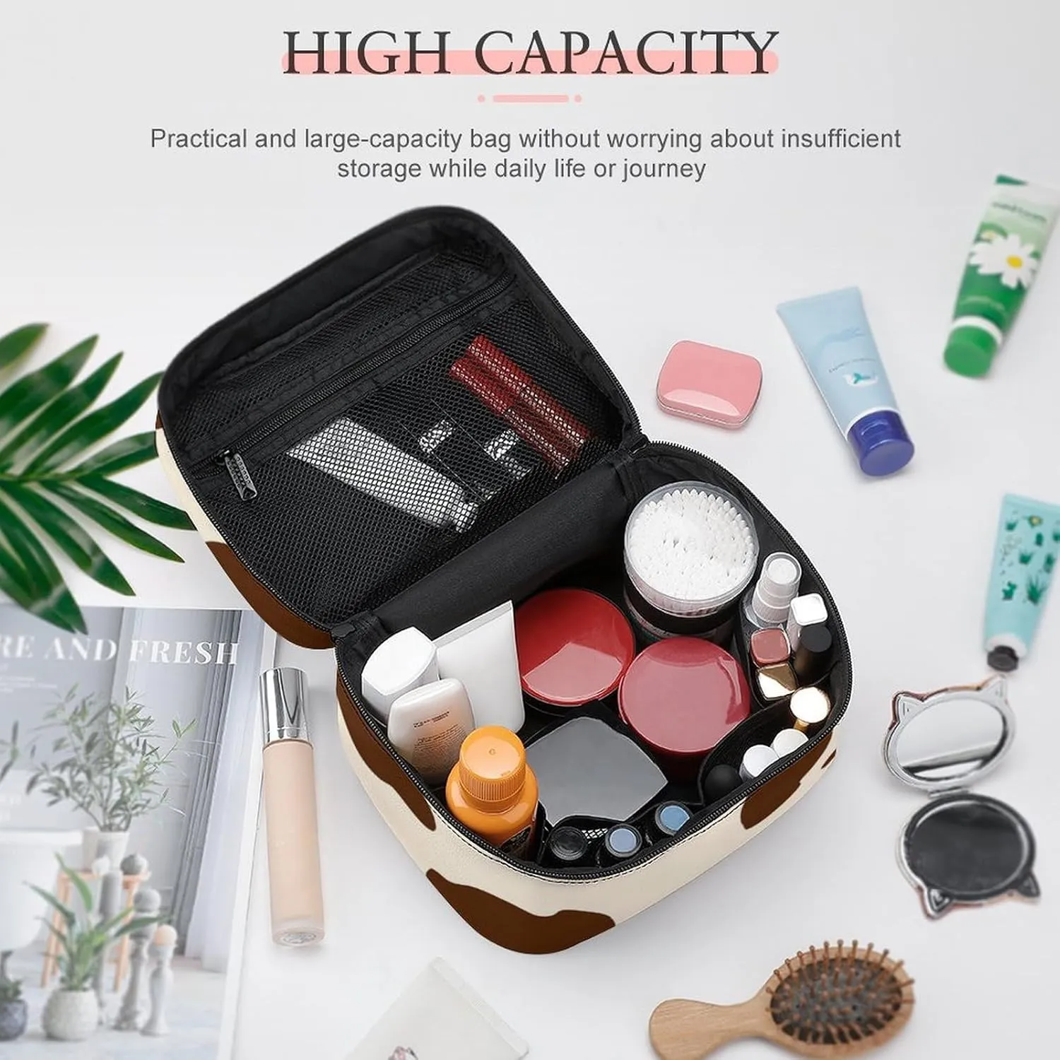Travel Cosmetic Cases for Women, Multifunctional Makeup Organizer Bag, Milk Cow Skin Print Toiletry Storage Bag with Handle and Divider