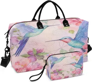Travel Duffel Bag Large Weekender Overnight Bags for Women Men, Hummingbirds and Flowers Gym Bag with Toiletry Bag