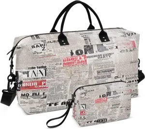 Travel Duffel Bag Large Weekender Overnight Bags for Women Men, Vintage Newspaper Texture Gym Bag with Toiletry Bag