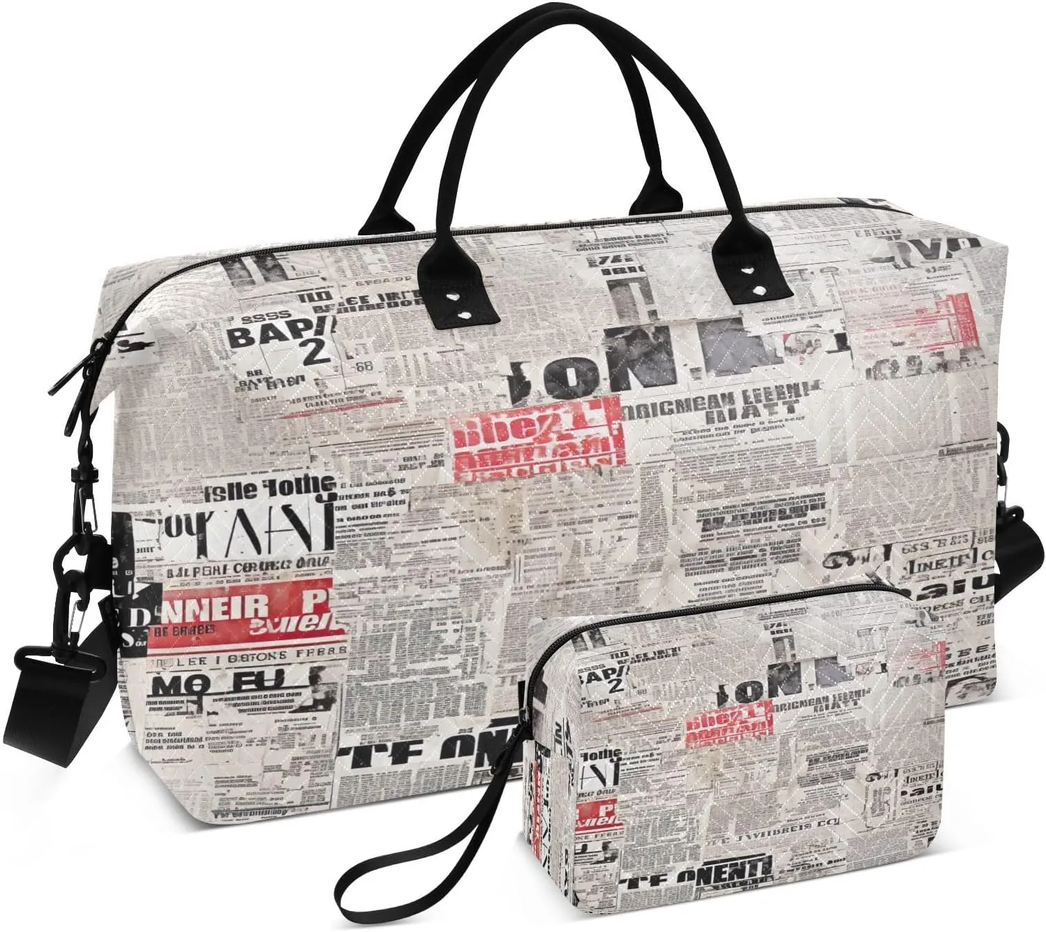 Travel Duffel Bag Large Weekender Overnight Bags for Women Men, Vintage Newspaper Texture Gym Bag with Toiletry Bag