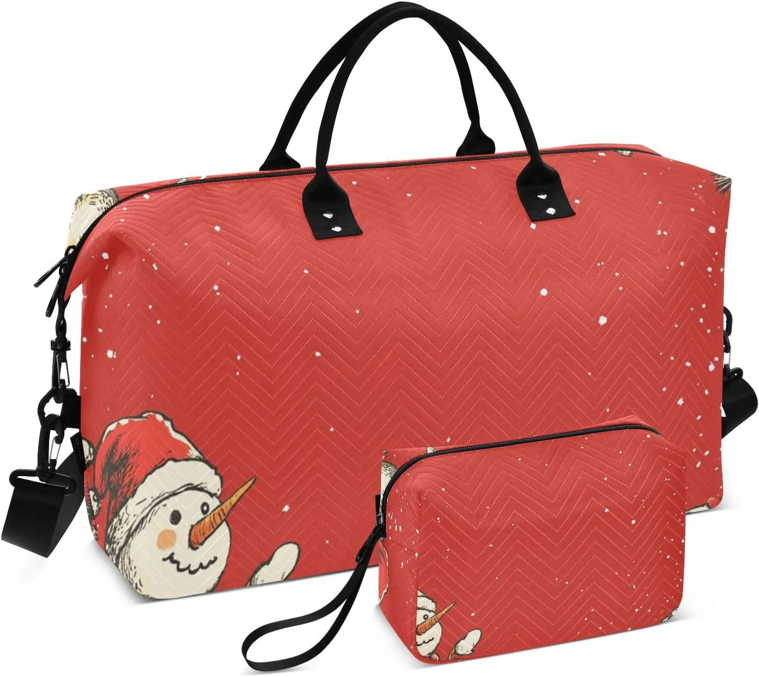 Travel Duffel Bag Overnight Bag Sports Gym Bag with Toiletry Bag for Airplane Traveling Large Capacity Merry Christmas Pine Ornament Snowman Red