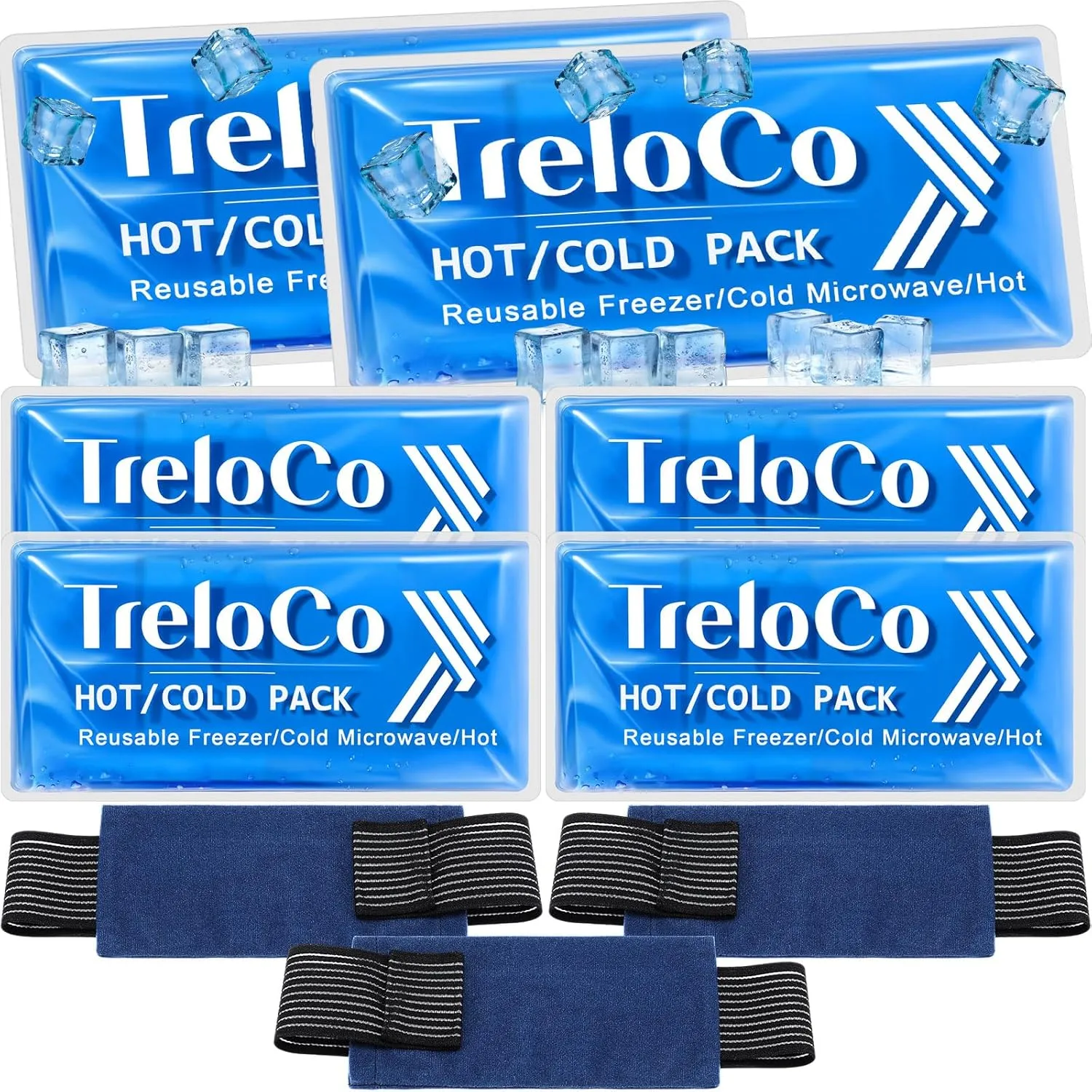 TrelaCo 6 Pcs 9.5" x 4.7" Gel Ice Packs Reusable Gel Ice Packs for Injuries with 3 Soft Adjustable Wrap Hot Cold Pack Compress for Knees, Back, Shoulders, Arms, and Legs