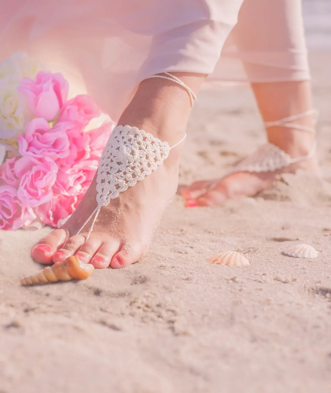Triangle Lace Barefoot Sandals Foot Jewelry for Women, Beach Wedding Boho Bridesmaids Gift, Barefoot Summer Festival Shoes, Crochet Beach Outfit (Ivory)