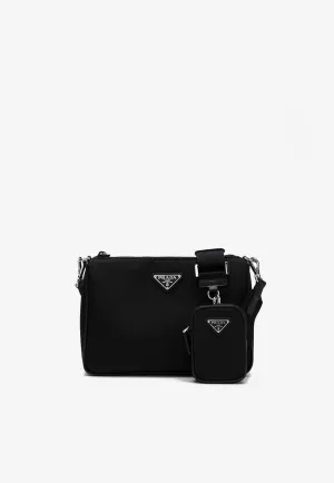 Triangle Logo Re-Nylon and Leather Messenger Bag