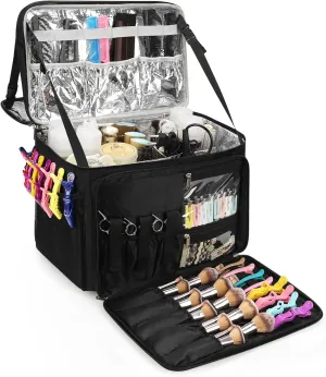 Twofold Hairstylist Traveling Bag, Heat Resistant Cosmetology Bag for Hairstylists, Dual-Layer Design with Detachable Dividers, Multi-Functional Hair Tools Organizer for Travel - Black