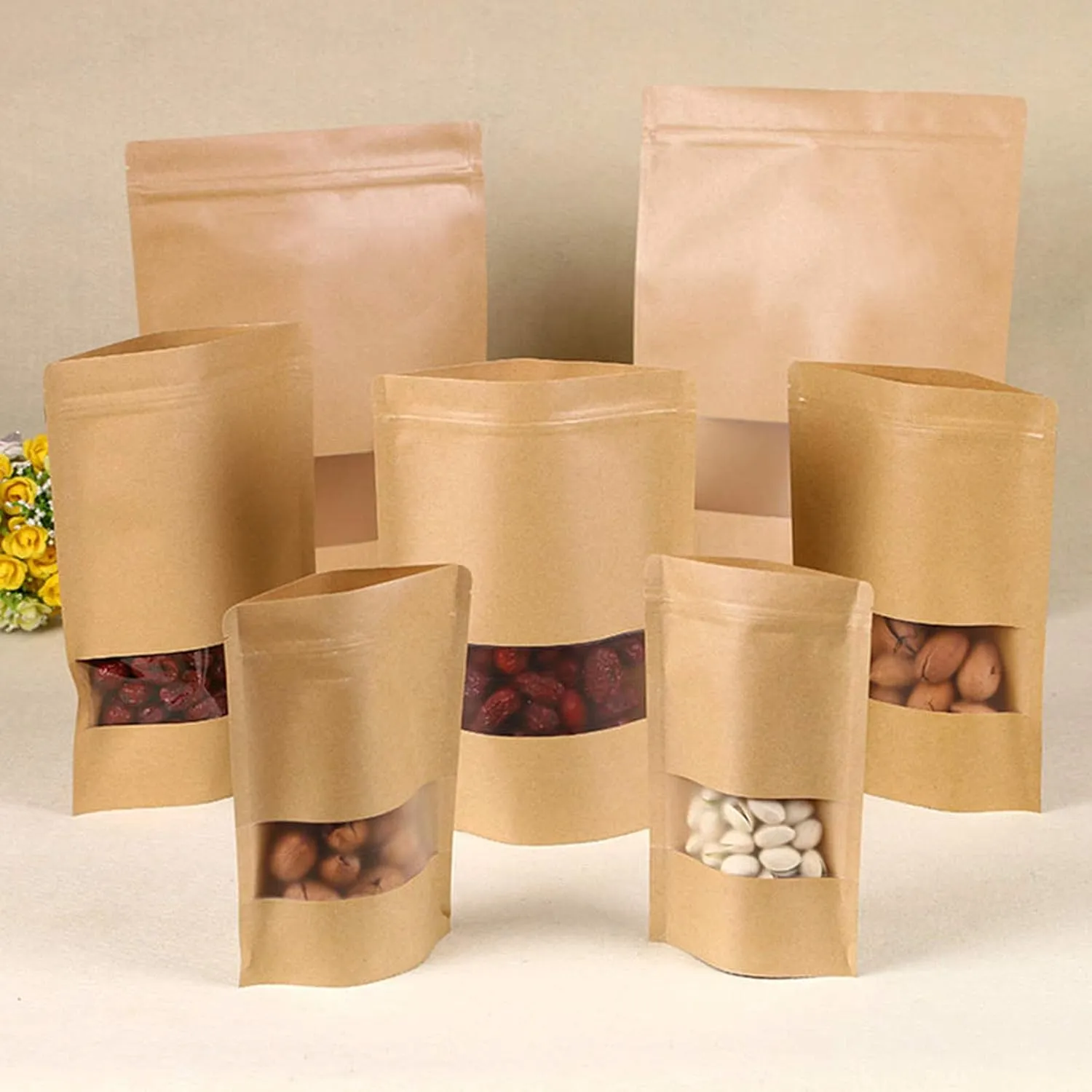 TYONMUJO 100pcs Kraft Bags with Window Zipper Lock Stand Up Bulk Pouches Resealable 4.7×7.8in