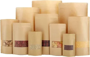TYONMUJO 100pcs Kraft Bags with Window Zipper Lock Stand Up Bulk Pouches Resealable 7×10in