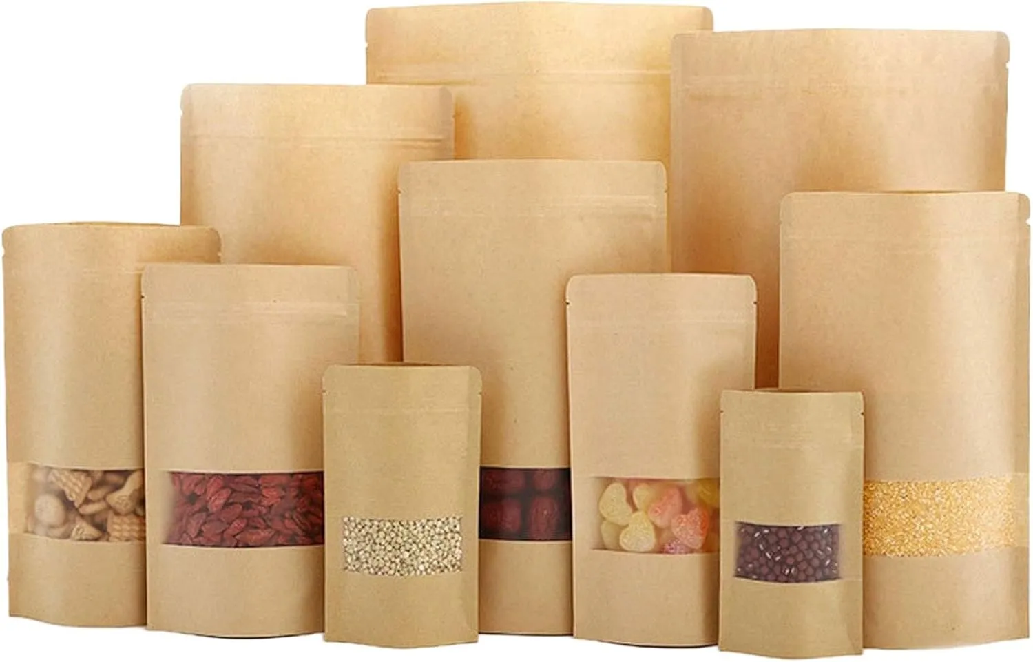 TYONMUJO 100pcs Kraft Bags with Window Zipper Lock Stand Up Bulk Pouches Resealable 7×10in