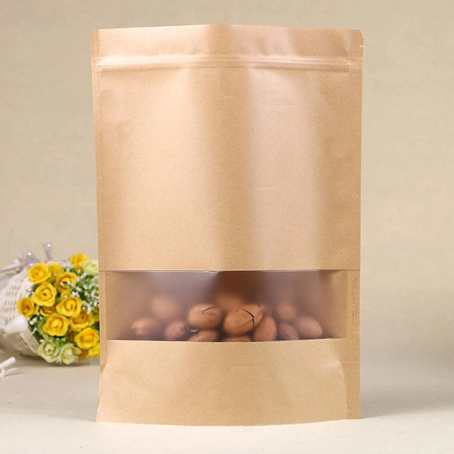 TYONMUJO 100pcs Kraft Bags with Window Zipper Lock Stand Up Bulk Pouches Resealable 7×10in