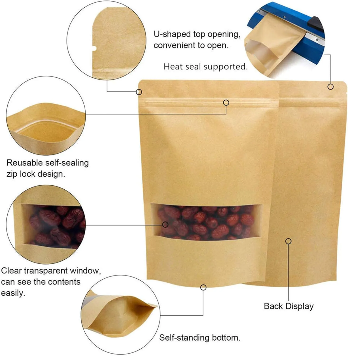 TYONMUJO 100pcs Kraft Bags with Window Zipper Lock Stand Up Bulk Pouches Resealable 7×10in
