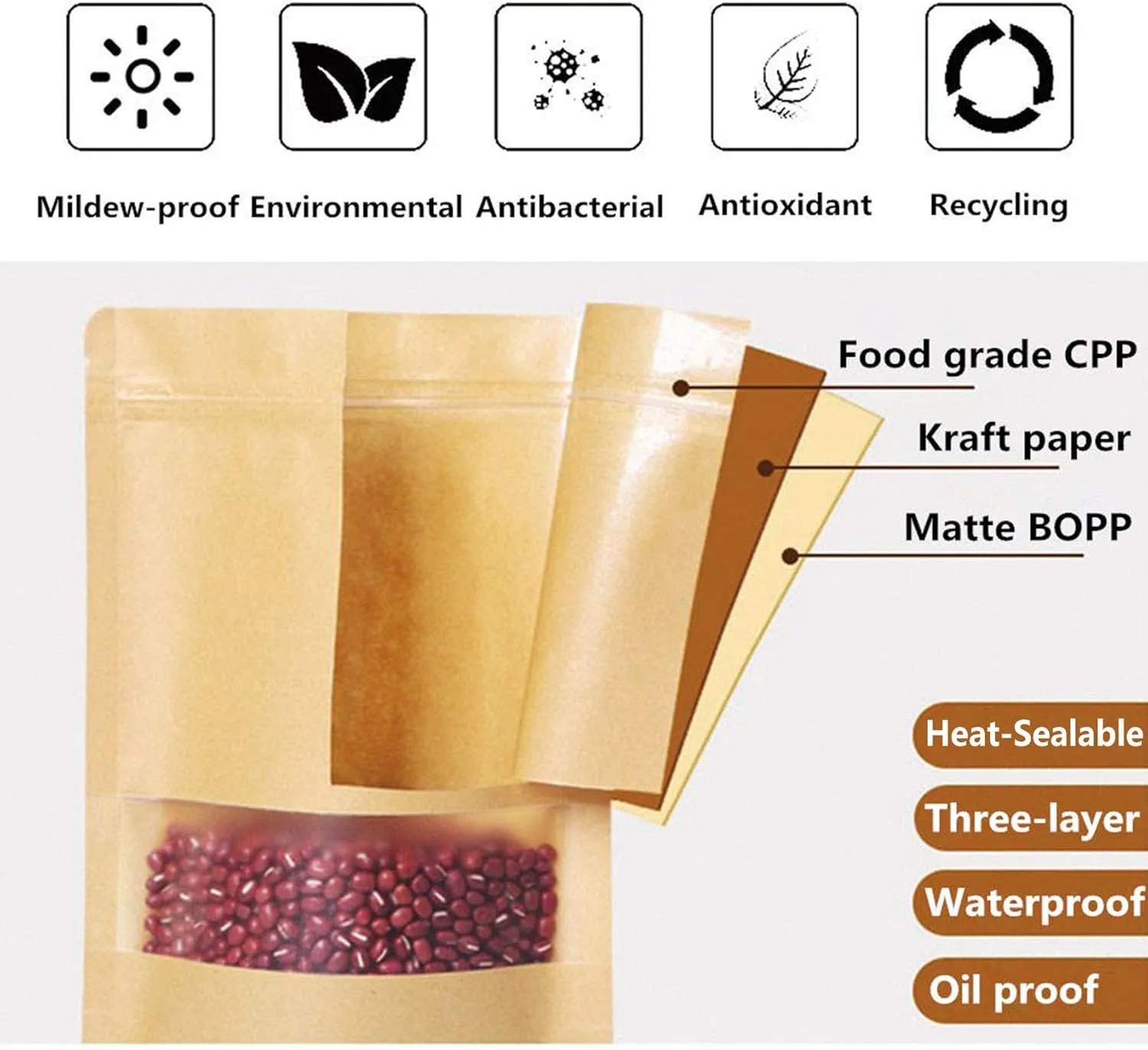 TYONMUJO 100pcs Kraft Bags with Window Zipper Lock Stand Up Bulk Pouches Resealable 7×10in