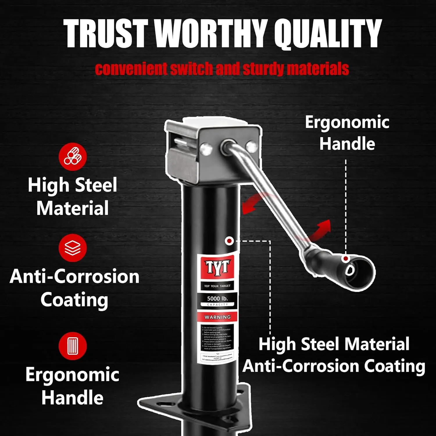 TYT Heavy Duty A-Frame Trailer Jack, 15" Vertical Travel，5000lbs Capacity Side Wind Trailer Jack for Utility Trailers, Yacht, Camper