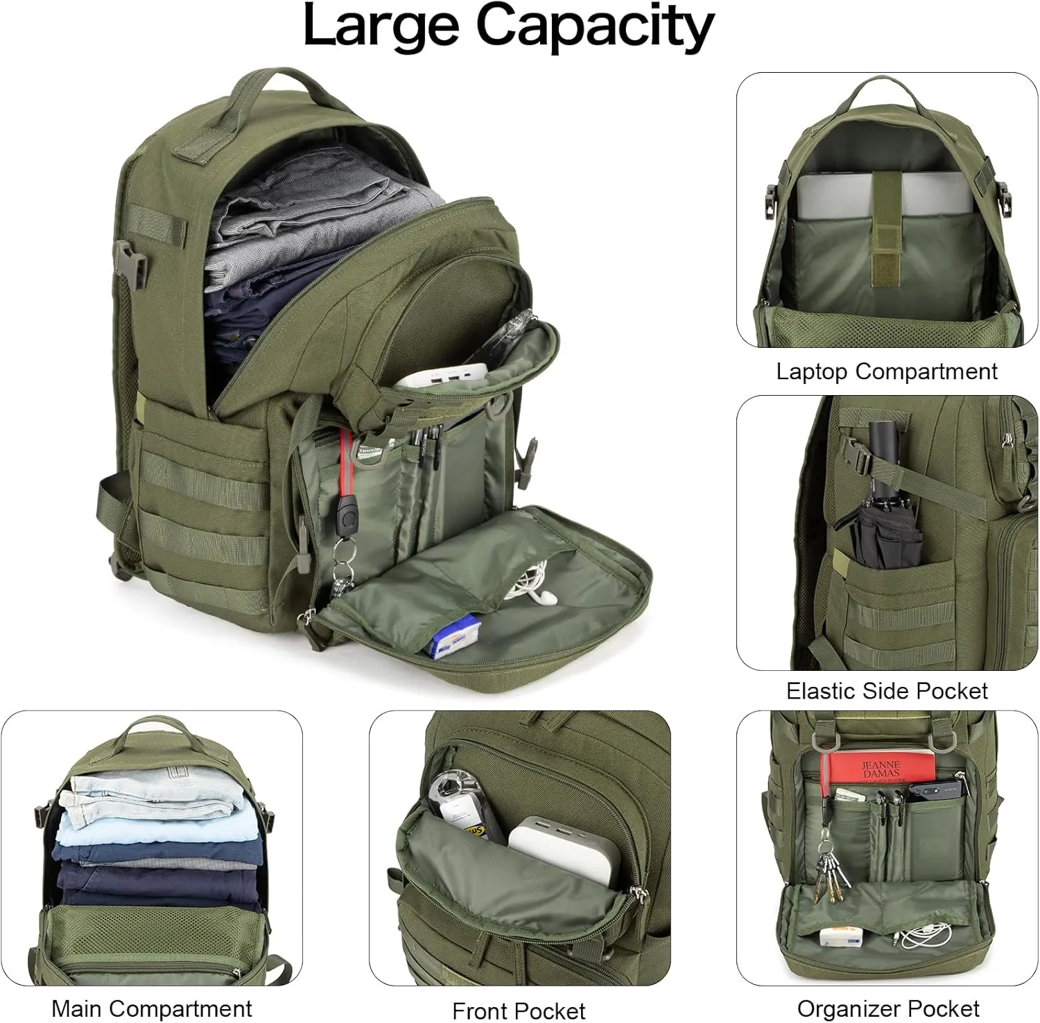 Tzowla Tactical Military Grade Backpack Waterproof,Travel Laptop Army Molle Rucksack for Men and Women with Small Detachable Bag,Army 3 Days Assault Pack Bag,Army Green