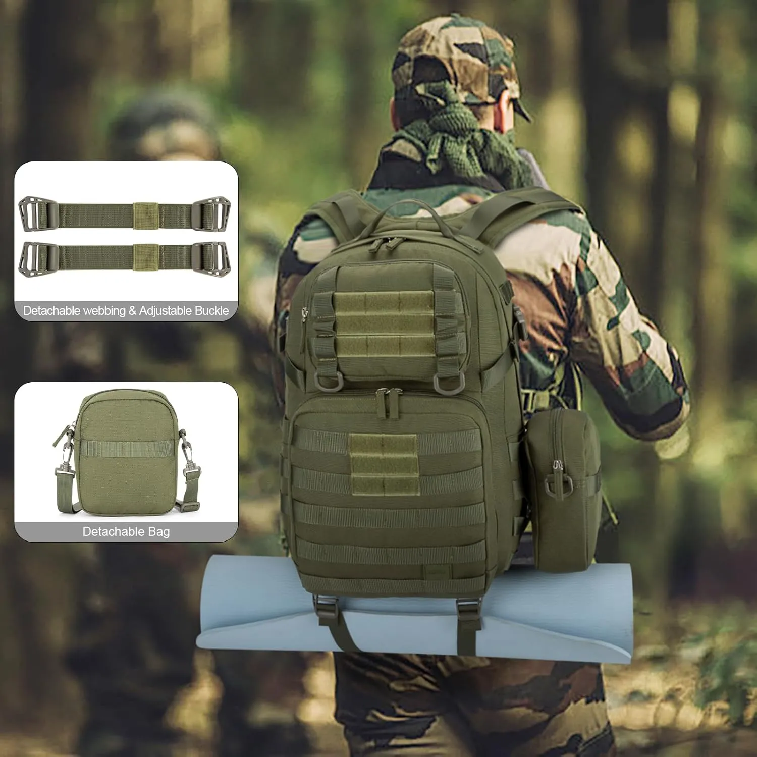 Tzowla Tactical Military Grade Backpack Waterproof,Travel Laptop Army Molle Rucksack for Men and Women with Small Detachable Bag,Army 3 Days Assault Pack Bag,Army Green