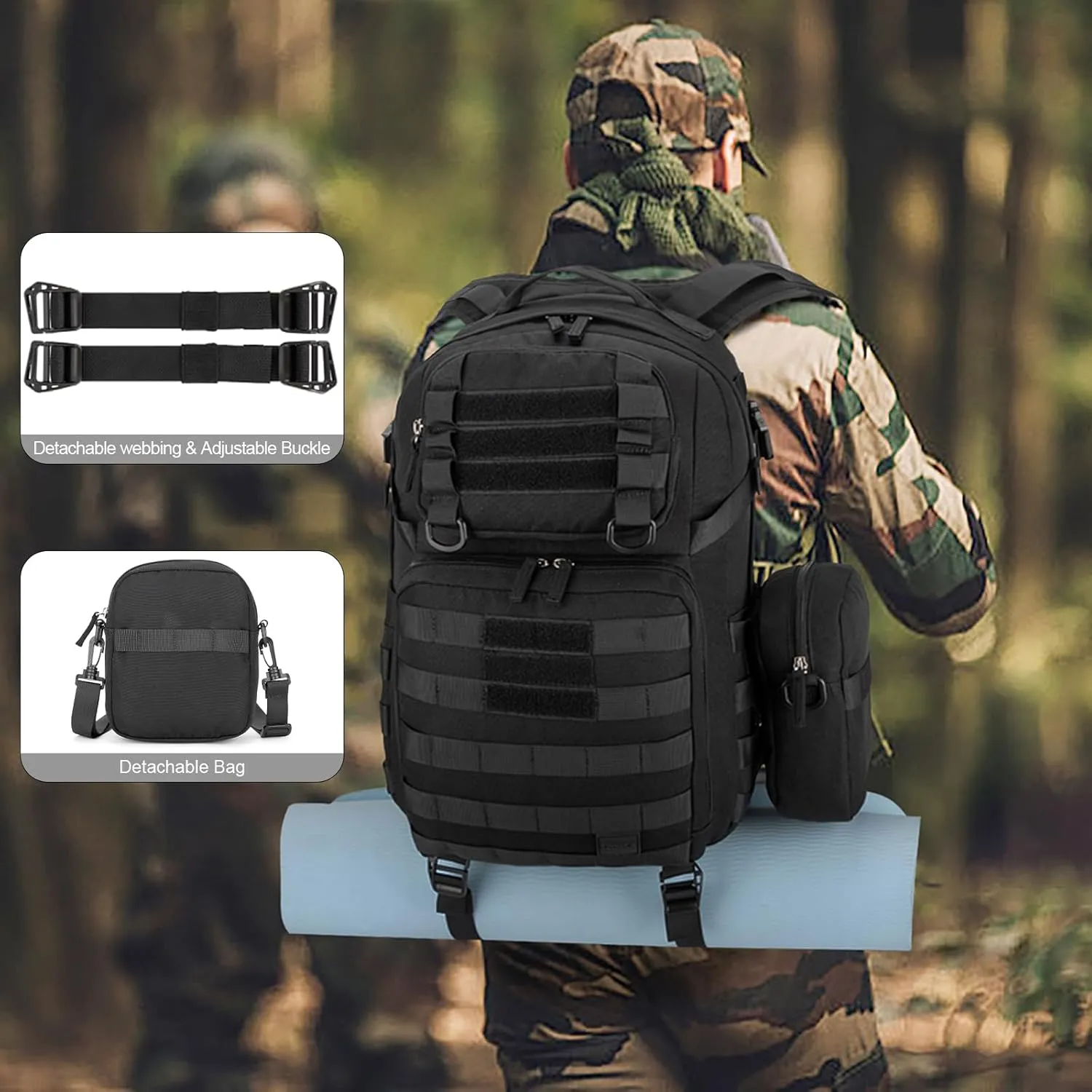 Tzowla Tactical Military Grade Backpack Waterproof,Travel Laptop Army Molle Rucksack for Men and Women with Small Detachable Bag,Army 3 Days Assault Pack Bag,Black