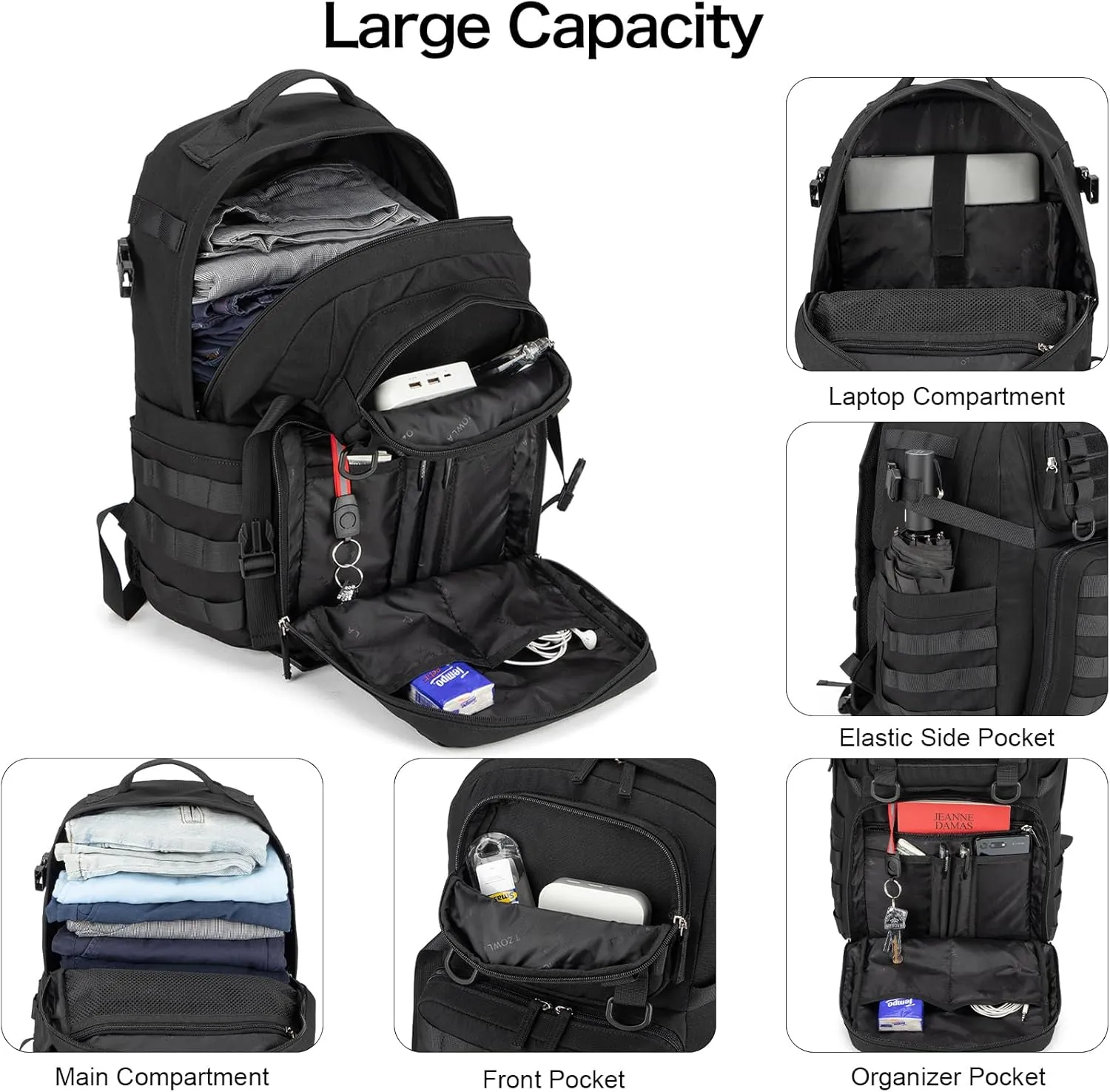 Tzowla Tactical Military Grade Backpack Waterproof,Travel Laptop Army Molle Rucksack for Men and Women with Small Detachable Bag,Army 3 Days Assault Pack Bag,Black