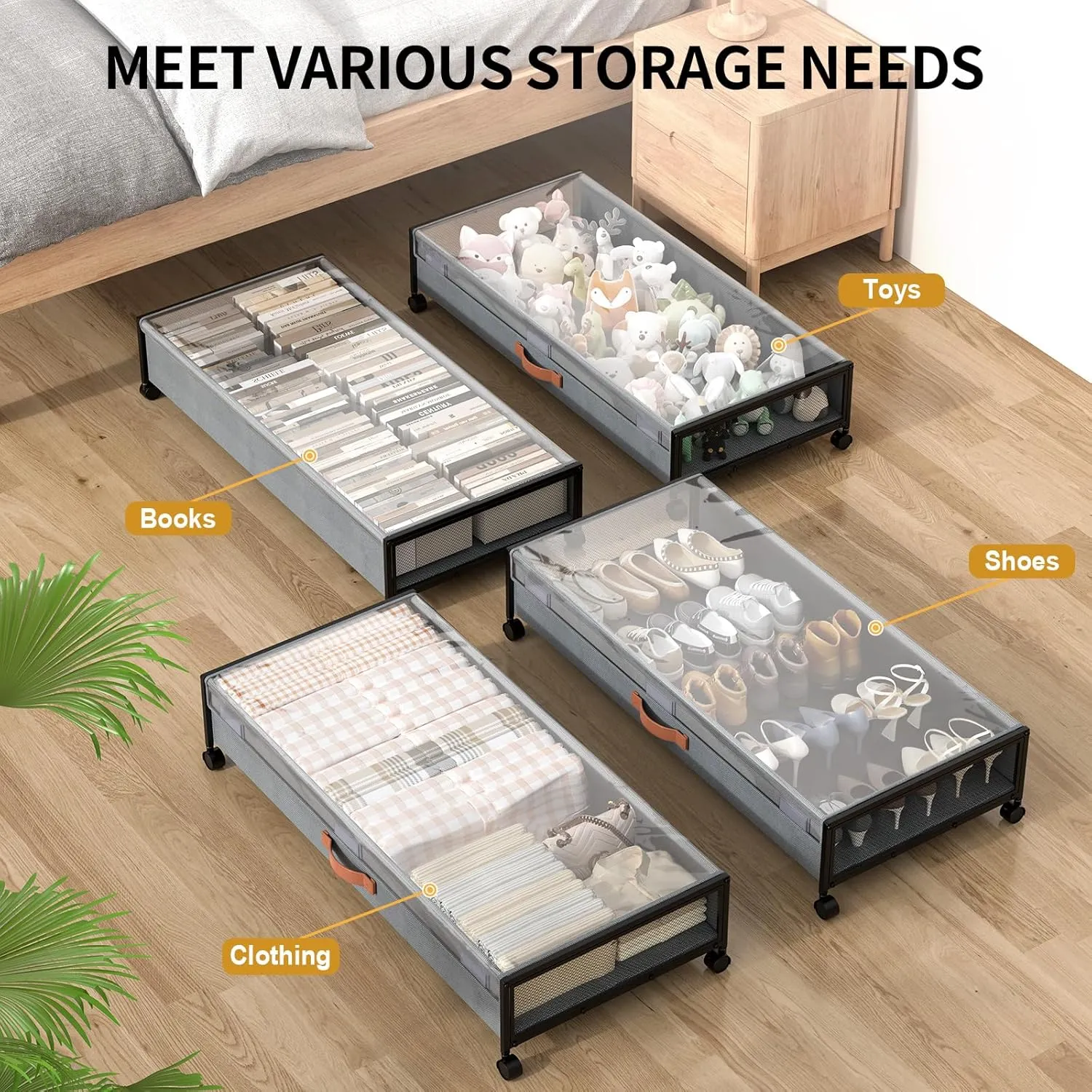 Under Bed Storage with Wheels, XXXL Larger Under Bed Storage Containers with Clear Lids, 36'' Lengthen Under Bed Shoe Organizer for Shoes Clothes(Grey 2 Pack, XXXL(36"x16.6"x7.28"))