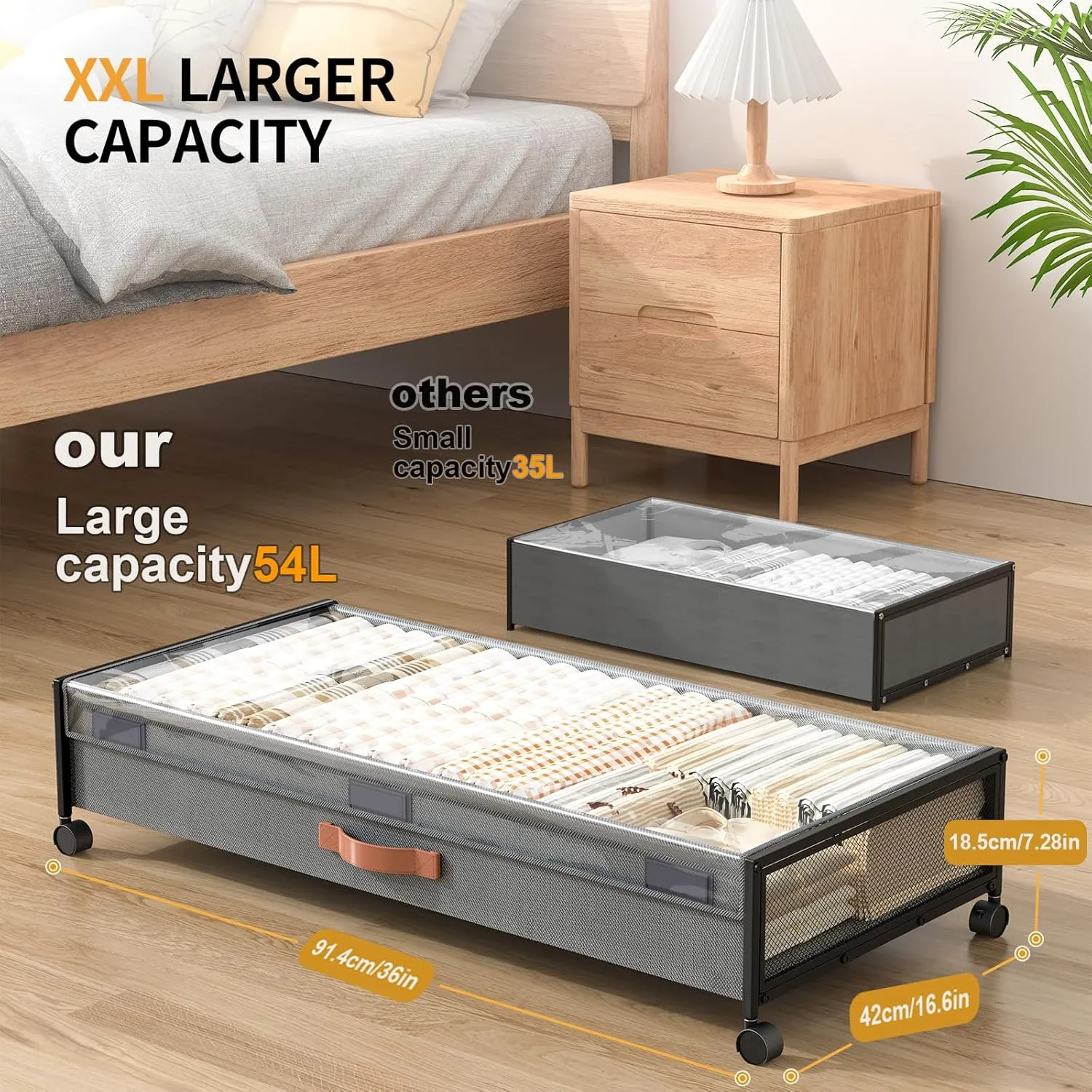 Under Bed Storage with Wheels, XXXL Larger Under Bed Storage Containers with Clear Lids, 36'' Lengthen Under Bed Shoe Organizer for Shoes Clothes(Grey 2 Pack, XXXL(36"x16.6"x7.28"))