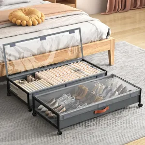 Under Bed Storage with Wheels, XXXL Larger Under Bed Storage Containers with Clear Lids, 36'' Lengthen Under Bed Shoe Organizer for Shoes Clothes(Grey 2 Pack, XXXL(36"x16.6"x7.28"))