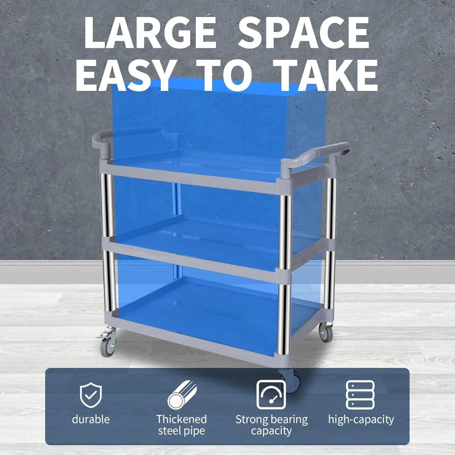 UNICOO® Heavy Duty 3-Tier Service Rolling Cart, Utility Cart & Grocery Cart on Wheels, 550lbs Capacity, Lockable & Silent Wheels, Anti-Rust, Easy Clean for Restaurant, Office, Garage, Kitchen Storage