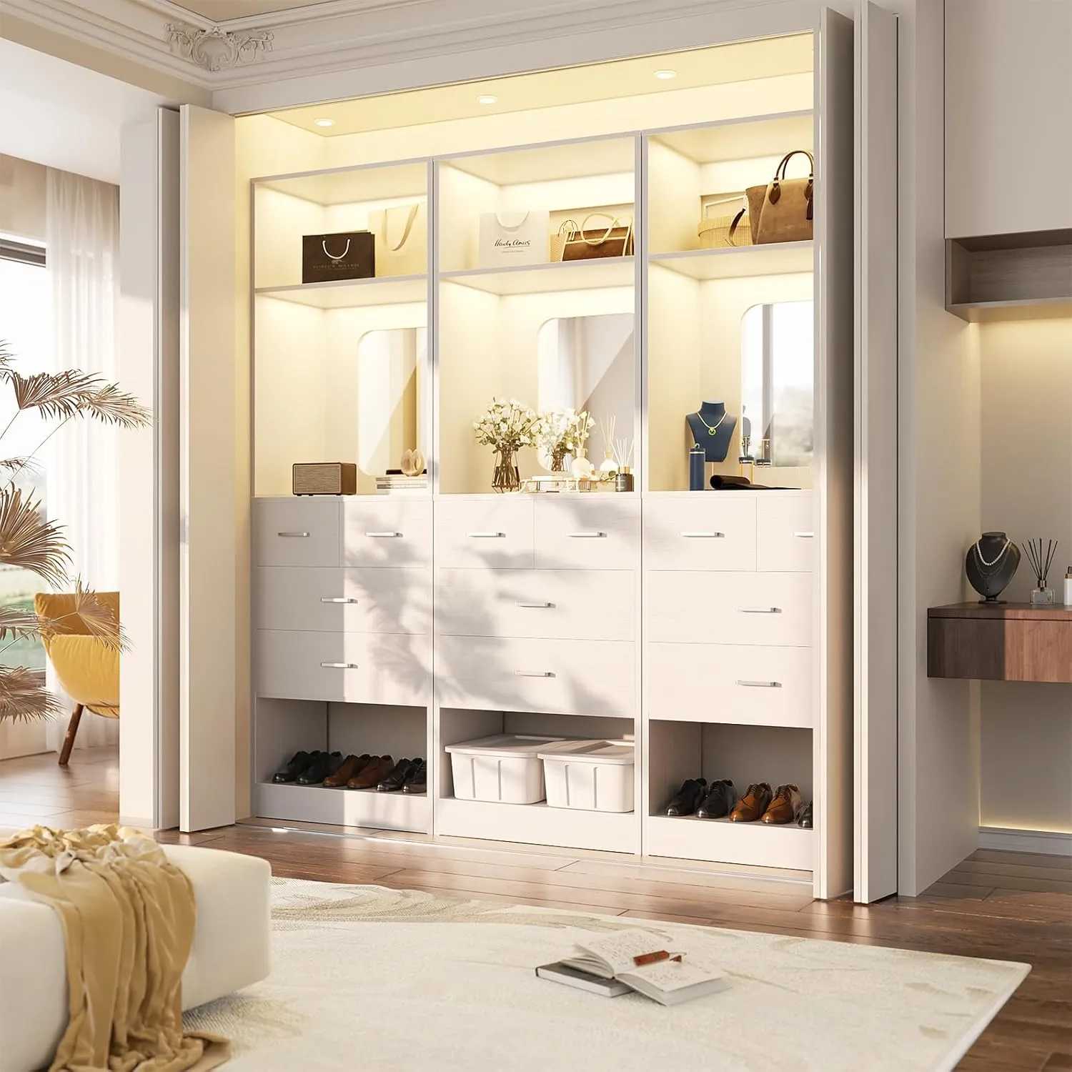 Unikito 50 Inch Closet System with Drawers, 4FT Wood Closets Organizer with Mirror Design, Freestanding Heavy Duty Walk in Closet Towers for Bedroom, Max Load 1000 LBS, Easy Assembly, White