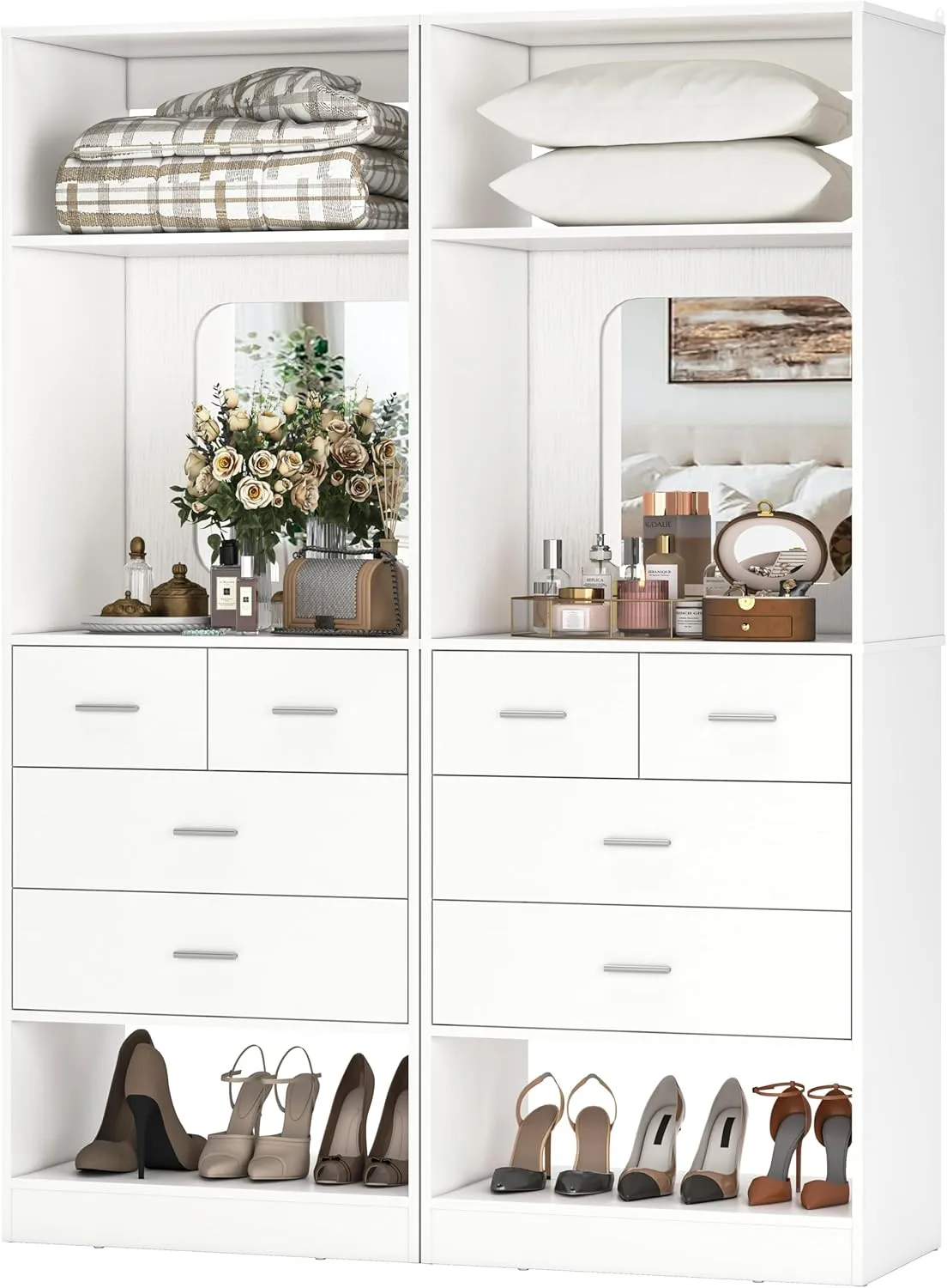 Unikito 50 Inch Closet System with Drawers, 4FT Wood Closets Organizer with Mirror Design, Freestanding Heavy Duty Walk in Closet Towers for Bedroom, Max Load 1000 LBS, Easy Assembly, White