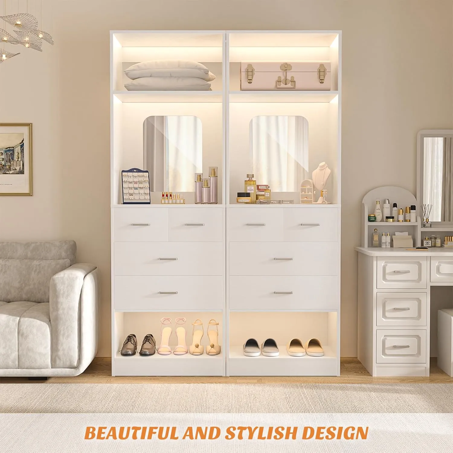 Unikito 50 Inch Closet System with Drawers, 4FT Wood Closets Organizer with Mirror Design, Freestanding Heavy Duty Walk in Closet Towers for Bedroom, Max Load 1000 LBS, Easy Assembly, White