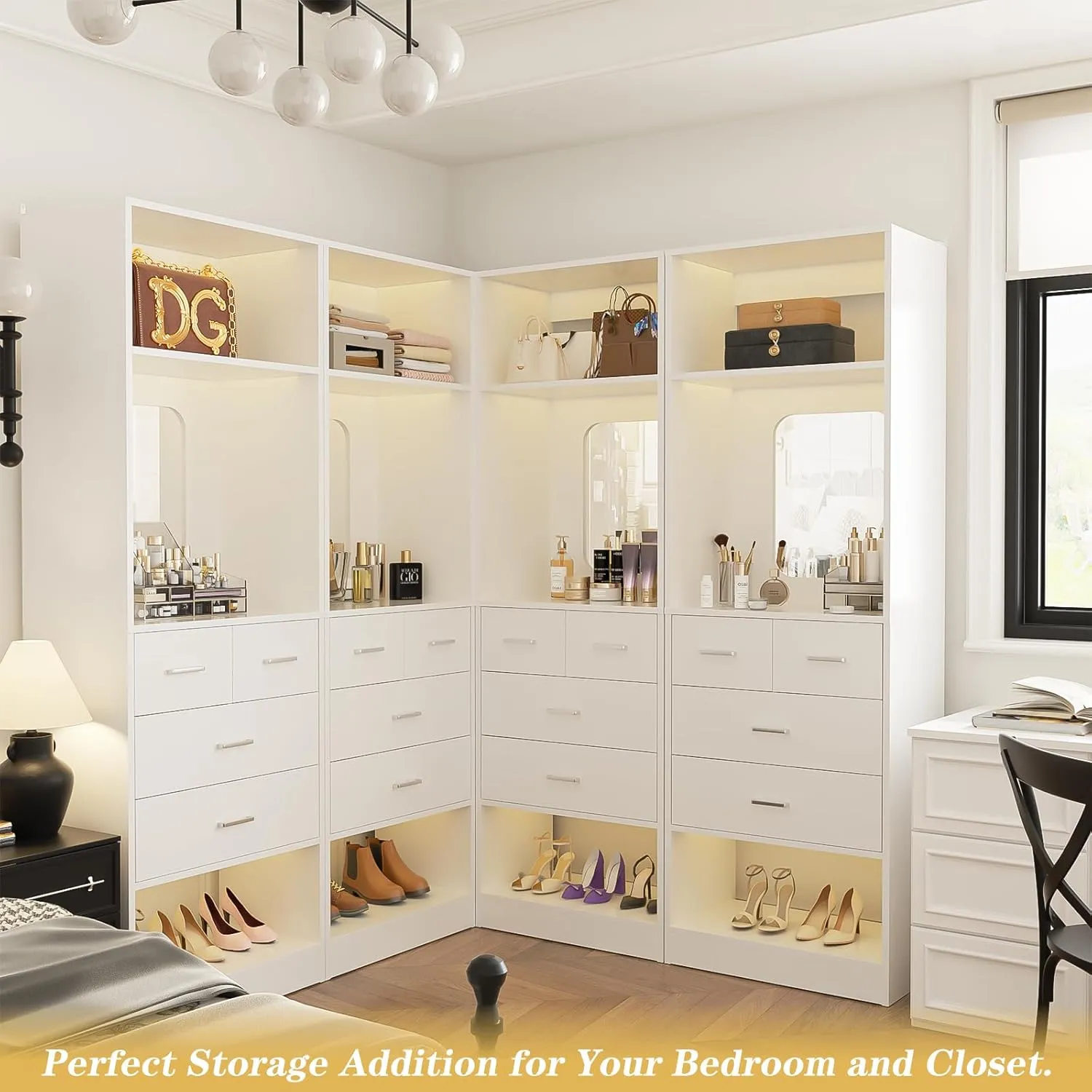 Unikito 50 Inch Closet System with Drawers, 4FT Wood Closets Organizer with Mirror Design, Freestanding Heavy Duty Walk in Closet Towers for Bedroom, Max Load 1000 LBS, Easy Assembly, White