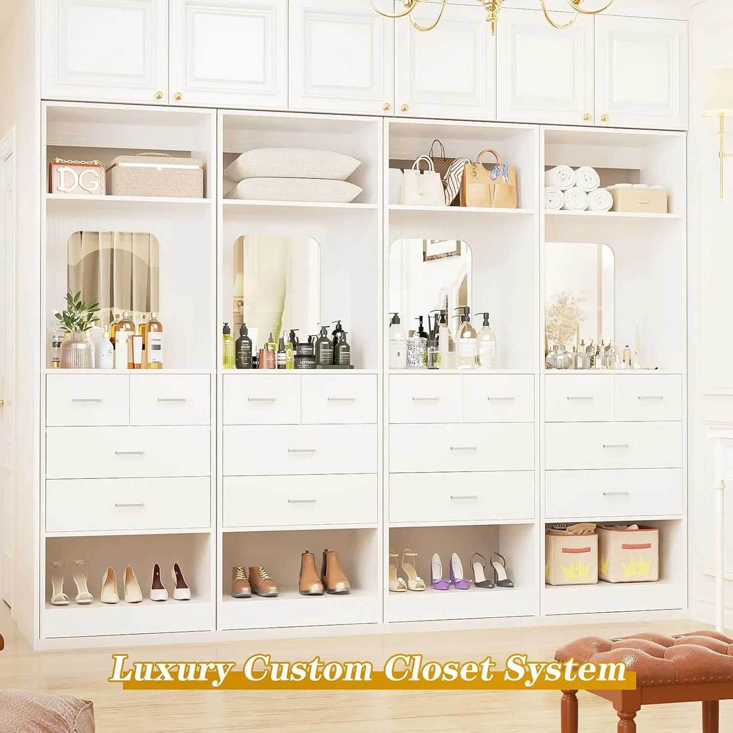 Unikito 50 Inch Closet System with Drawers, 4FT Wood Closets Organizer with Mirror Design, Freestanding Heavy Duty Walk in Closet Towers for Bedroom, Max Load 1000 LBS, Easy Assembly, White