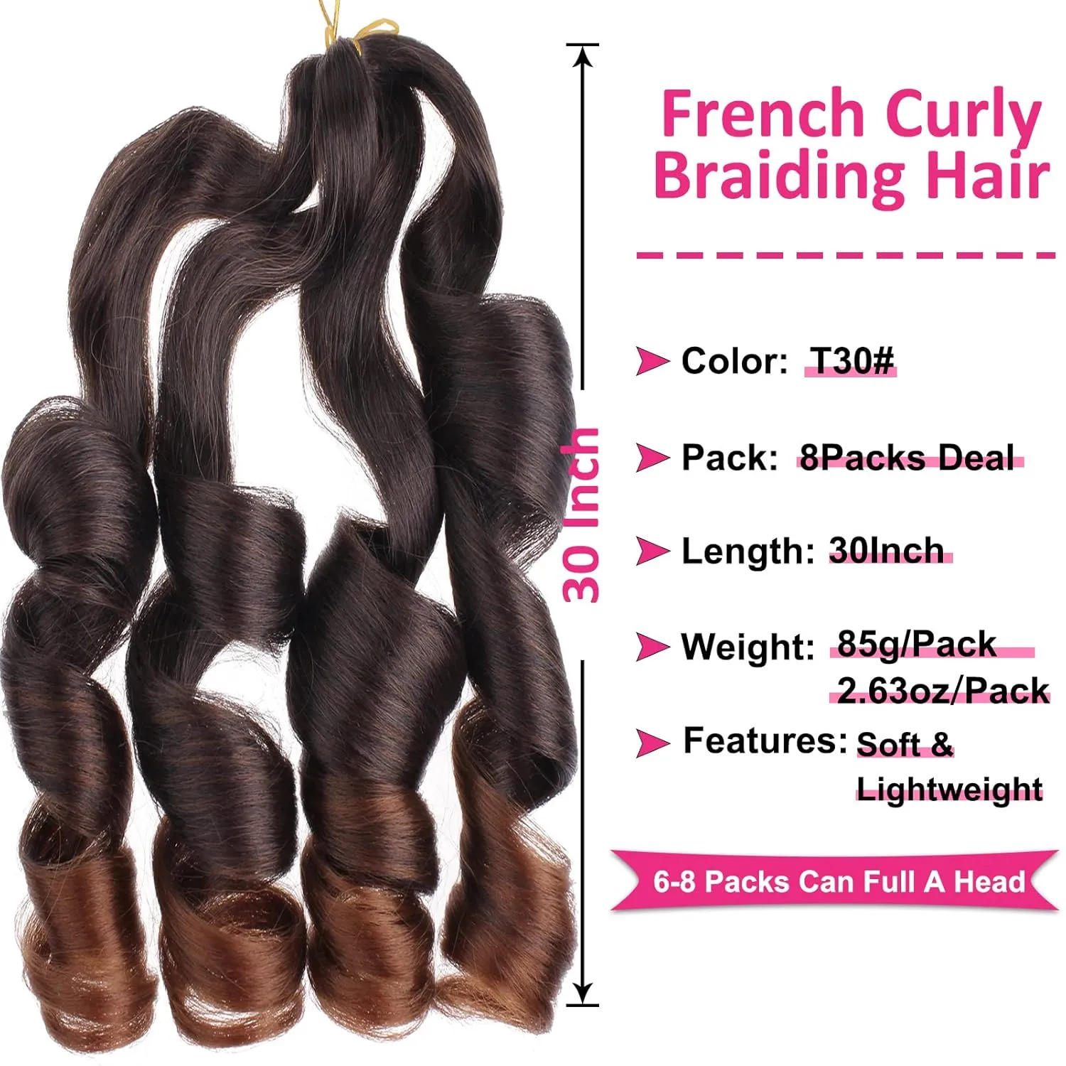 Unionbeauty 30 Inch French Curly Braiding Hair 8 Packs Pre-Stretched Spanish Curl Braids Loose Wavy Braiding Hair EZ Braids Ombre Synthetic Crochet Hair Extensions for Black Women T30#