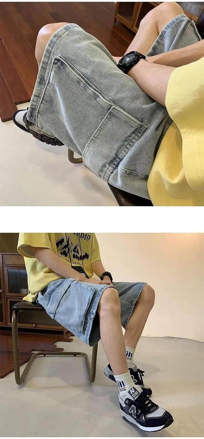 Unisex Y2K Baggy Jean Shorts Hip Hop Cargo Pants Shorts Loose Fit Denim Shorts Streetwear