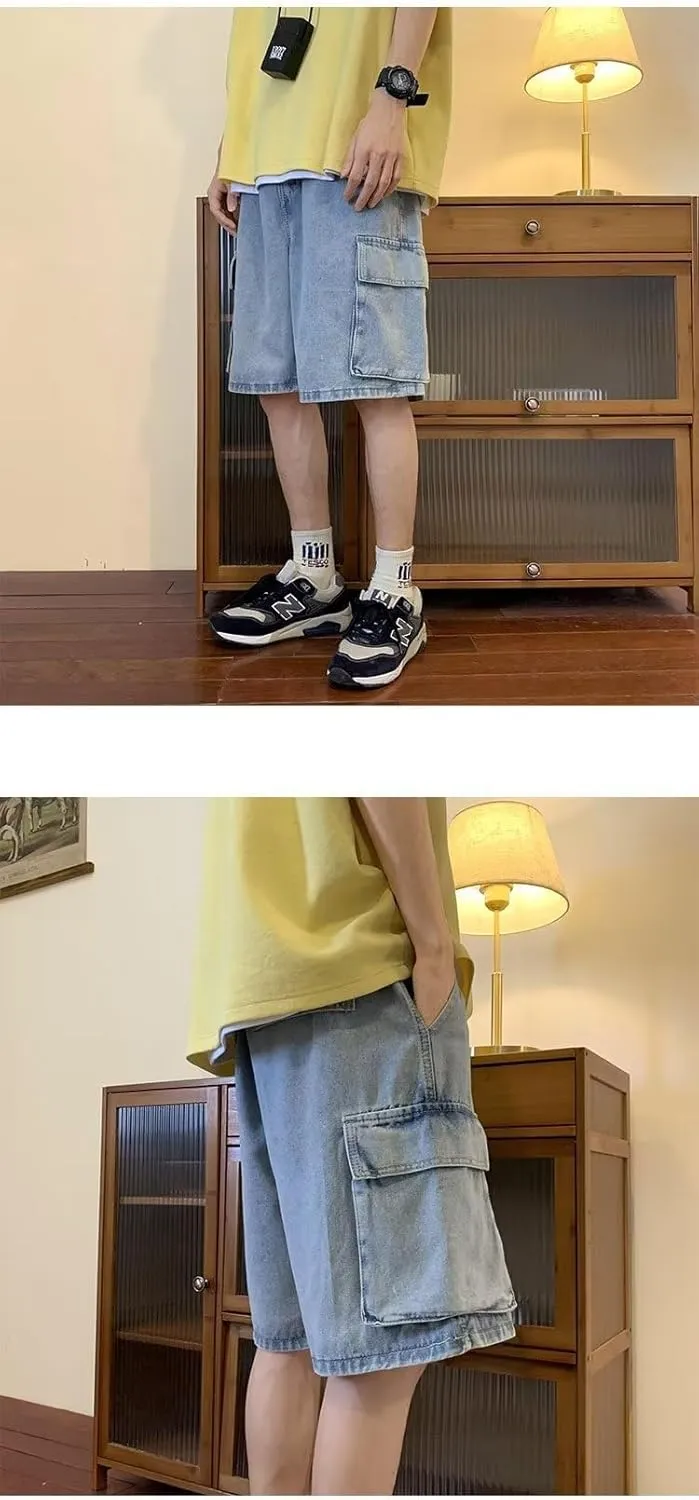 Unisex Y2K Baggy Jean Shorts Hip Hop Cargo Pants Shorts Loose Fit Denim Shorts Streetwear