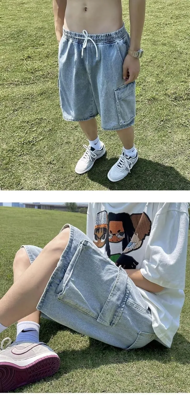 Unisex Y2K Baggy Jean Shorts Hip Hop Cargo Pants Shorts Loose Fit Denim Shorts Streetwear